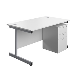 [SUBUN1480UHWHSV] Single Upright Rectangular Desk + High Mobile Pedestal 3 Drawer (FSC) | 1400 X 800 | White/Silver | 