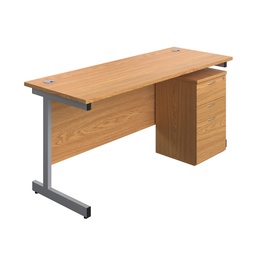 [SUBUN1660UHNOSV] Single Upright Rectangular Desk + High Mobile Pedestal 3 Drawer (FSC) | 1600 X 600 | Nova Oak/Silver | 
