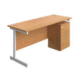 [SUBUN1660UHNOWH] Single Upright Rectangular Desk + High Mobile Pedestal 3 Drawer (FSC) | 1600 X 600 | Nova Oak/White | 