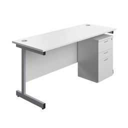 [SUBUN1660UHWHSV] Single Upright Rectangular Desk + High Mobile Pedestal 3 Drawer (FSC) | 1600 X 600 | White/Silver | 