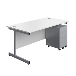 [SUBUN1680S3WHSV] Single Upright Rectangular Desk + Under Desk Steel Pedestal 3 Drawers (FSC) | 1600 X 800 | White/Silver | 