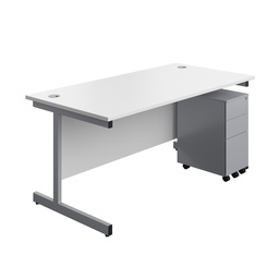 [SUBUN1680SS3WHSV] Single Upright Rectangular Desk + Slimline Steel Pedestal 3 Drawers (FSC) | 1600 X 800 | White/Silver | 