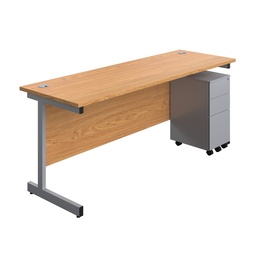 [SUBUN1860SS3NOSV] Single Upright Rectangular Desk + Slimline Steel Pedestal 3 Drawers (FSC) | 1800 X 600 | Nova Oak/Silver | 