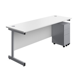 [SUBUN1860SS3WHSV] Single Upright Rectangular Desk + Slimline Steel Pedestal 3 Drawers (FSC) | 1800 X 600 | White/Silver | 