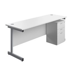 [SUBUN1860UHWHSV] Single Upright Rectangular Desk + High Mobile Pedestal 3 Drawer (FSC) | 1800 X 600 | White/Silver | 