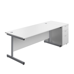 [SUBUN1880DHWHSV] Single Upright Rectangular Desk + Desk High 3 Drawer Pedestal (FSC) | 1800 X 800 | White/Silver | 