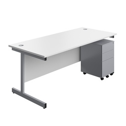 [SUBUN1880S3WHSV] Single Upright Rectangular Desk + Under Desk Steel Pedestal 3 Drawers (FSC) | 1800 X 800 | White/Silver | 