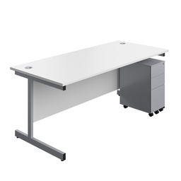 [SUBUN1880SS3WHSV] Single Upright Rectangular Desk + Slimline Steel Pedestal 3 Drawers (FSC) | 1800 X 800 | White/Silver | 