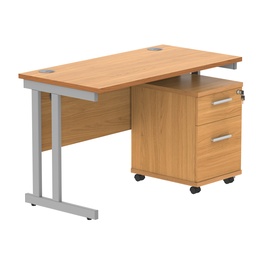 [COREBUNDU1260BCHSV2] Double Upright Rectangular Desk + 2 Drawer Mobile Under Desk Pedestal (FSC) | 1200X600 | Norwegian Beech/Silver
