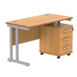 [COREBUNDU1260BCHSV3] Double Upright Rectangular Desk + 3 Drawer Mobile Under Desk Pedestal (FSC) | 1200X600 | Norwegian Beech/Silver