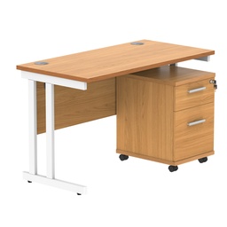 [COREBUNDU1260BCHWH2] Double Upright Rectangular Desk + 2 Drawer Mobile Under Desk Pedestal (FSC) | 1200X600 | Norwegian Beech/White