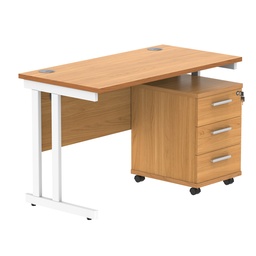 [COREBUNDU1260BCHWH3] Double Upright Rectangular Desk + 3 Drawer Mobile Under Desk Pedestal (FSC) | 1200X600 | Norwegian Beech/White