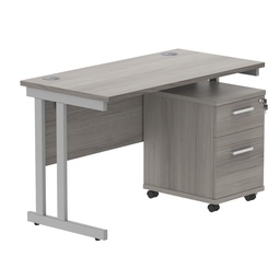 [COREBUNDU1260GOAKSV2] Double Upright Rectangular Desk + 2 Drawer Mobile Under Desk Pedestal (FSC) | 1200X600 | Alaskan Grey Oak/Silver