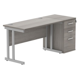 [COREBUNDU1260GOAKSVDH] Double Upright Rectangular Desk + Desk High Pedestal (FSC) | 1200X600 | Alaskan Grey Oak/Silver