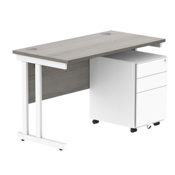 [COREBUNDU1260GOAKWH+USMP3WH] Double Upright Rectangular Desk + Under Desk Steel Pedestal 3 Drawers (FSC) | 1200X600 | Alaskan Grey Oak/White