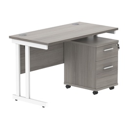 [COREBUNDU1260GOAKWH2] Double Upright Rectangular Desk + 2 Drawer Mobile Under Desk Pedestal (FSC) | 1200X600 | Alaskan Grey Oak/White