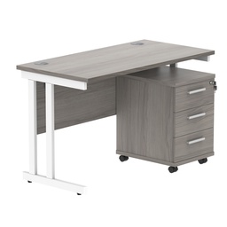 [COREBUNDU1260GOAKWH3] Double Upright Rectangular Desk + 3 Drawer Mobile Under Desk Pedestal (FSC) | 1200X600 | Alaskan Grey Oak/White