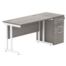 [COREBUNDU1260GOAKWHDH] Double Upright Rectangular Desk + Desk High Pedestal (FSC) | 1200X600 | Alaskan Grey Oak/White