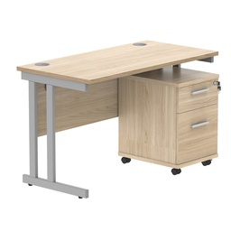 [COREBUNDU1260OKSV2] Double Upright Rectangular Desk + 2 Drawer Mobile Under Desk Pedestal (FSC) | 1200X600 | Canadian Oak/Silver
