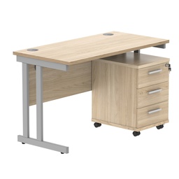 [COREBUNDU1260OKSV3] Double Upright Rectangular Desk + 3 Drawer Mobile Under Desk Pedestal (FSC) | 1200X600 | Canadian Oak/Silver