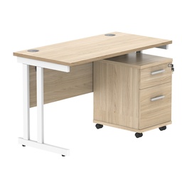 [COREBUNDU1260OKWH2] Double Upright Rectangular Desk + 2 Drawer Mobile Under Desk Pedestal (FSC) | 1200X600 | Canadian Oak/White