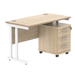 [COREBUNDU1260OKWH3] Double Upright Rectangular Desk + 3 Drawer Mobile Under Desk Pedestal (FSC) | 1200X600 | Canadian Oak/White