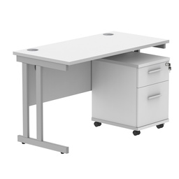 [COREBUNDU1260WHTSV2] Double Upright Rectangular Desk + 2 Drawer Mobile Under Desk Pedestal (FSC) | 1200X600 | Arctic White/Silver