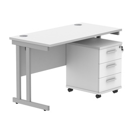 [COREBUNDU1260WHTSV3] Double Upright Rectangular Desk + 3 Drawer Mobile Under Desk Pedestal (FSC) | 1200X600 | Arctic White/Silver