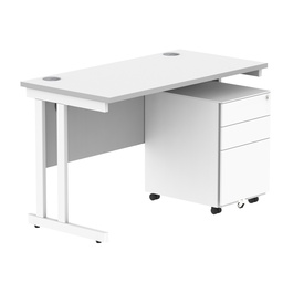 [COREBUNDU1260WHTWH+USMP3WH] Double Upright Rectangular Desk + Under Desk Steel Pedestal 3 Drawers (FSC) | 1200X600 | Arctic White/White