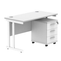 [COREBUNDU1260WHTWH3] Double Upright Rectangular Desk + 3 Drawer Mobile Under Desk Pedestal (FSC) | 1200X600 | Arctic White/White