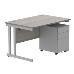 [COREBUNDU1280GOAKSV+USMP3SV] Double Upright Rectangular Desk + Under Desk Steel Pedestal 3 Drawers (FSC) | 1200X800 | Alaskan Grey Oak/Silver