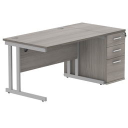 [COREBUNDU1280GOAKSVDH] Double Upright Rectangular Desk + Desk High Pedestal (FSC) | 1200X800 | Alaskan Grey Oak/Silver