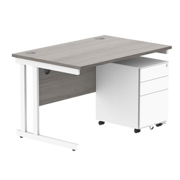 [COREBUNDU1280GOAKWH+USMP3WH] Double Upright Rectangular Desk + Under Desk Steel Pedestal 3 Drawers (FSC) | 1200X800 | Alaskan Grey Oak/White