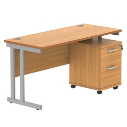 [COREBUNDU1460BCHSV2] Double Upright Rectangular Desk + 2 Drawer Mobile Under Desk Pedestal (FSC) | 1400X600 | Norwegian Beech/Silver