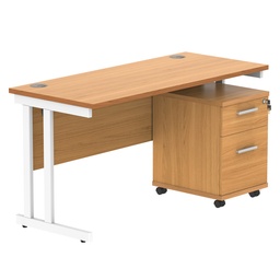 [COREBUNDU1460BCHWH2] Double Upright Rectangular Desk + 2 Drawer Mobile Under Desk Pedestal (FSC) | 1400X600 | Norwegian Beech/White
