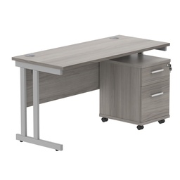 [COREBUNDU1460GOAKSV2] Double Upright Rectangular Desk + 2 Drawer Mobile Under Desk Pedestal (FSC) | 1400X600 | Alaskan Grey Oak/Silver