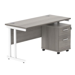 [COREBUNDU1460GOAKWH2] Double Upright Rectangular Desk + 2 Drawer Mobile Under Desk Pedestal (FSC) | 1400X600 | Alaskan Grey Oak/White