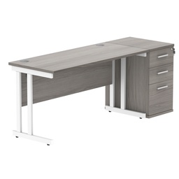 [COREBUNDU1460GOAKWHDH] Double Upright Rectangular Desk + Desk High Pedestal (FSC) | 1400X600 | Alaskan Grey Oak/White