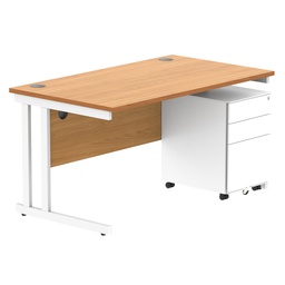 [COREBUNDU1480BCHWH+USMP3WH] Double Upright Rectangular Desk + Under Desk Steel Pedestal 3 Drawers (FSC) | 1400X800 | Norwegian Beech/White