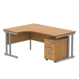 [COREBUNDU1612LBCHSV3] Double Upright Left Hand Radial Desk + 3 Drawer Mobile Under Desk Pedestal (FSC) | 1600X1200 | Norwegian Beech/Silver
