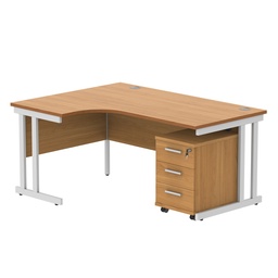 [COREBUNDU1612LBCHWH3] Double Upright Left Hand Radial Desk + 3 Drawer Mobile Under Desk Pedestal (FSC) | 1600X1200 | Norwegian Beech/White