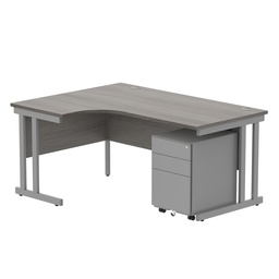 [COREBUNDU1612LGOAKSV+USMP3SV] Double Upright Left Hand Radial Desk + Under Desk Steel Pedestal 3 Drawers (FSC) | 1600X1200 | Alaskan Grey Oak/Silver