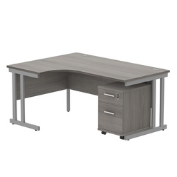 [COREBUNDU1612LGOAKSV2] Double Upright Left Hand Radial Desk + 2 Drawer Mobile Under Desk Pedestal (FSC) | 1600X1200 | Alaskan Grey Oak/Silver