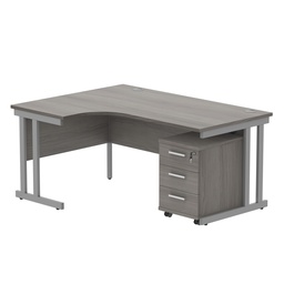 [COREBUNDU1612LGOAKSV3] Double Upright Left Hand Radial Desk + 3 Drawer Mobile Under Desk Pedestal (FSC) | 1600X1200 | Alaskan Grey Oak/Silver