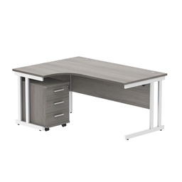 [COREBUNDU1612LGOAKWH3] Double Upright Left Hand Radial Desk + 3 Drawer Mobile Under Desk Pedestal (FSC) | 1600X1200 | Alaskan Grey Oak/White