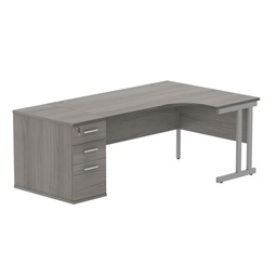 [COREBUNDU1612RDHGOAKSV] Double Upright Right Hand Radial Desk + Desk High Pedestal (FSC) | 800mm Deep Pedestal | 1600X1200 | Alaskan Grey Oak/Silver