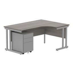 [COREBUNDU1612RGOAKSV+USMP3SV] Double Upright Right Hand Radial Desk + Under Desk Steel Pedestal 3 Drawers (FSC) | 1600X1200 | Alaskan Grey Oak/Silver