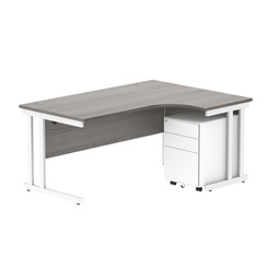 [COREBUNDU1612RGOAKWH+USMP3WH] Double Upright Right Hand Radial Desk + Under Desk Steel Pedestal 3 Drawers (FSC) | 1600X1200 | Alaskan Grey Oak/White