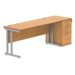[COREBUNDU1660BCHSVDH] Double Upright Rectangular Desk + Desk High Pedestal (FSC) | 1600X600 | Norwegian Beech/Silver