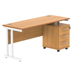 [COREBUNDU1660BCHWH3] Double Upright Rectangular Desk + 3 Drawer Mobile Under Desk Pedestal (FSC) | 1600X600 | Norwegian Beech/White